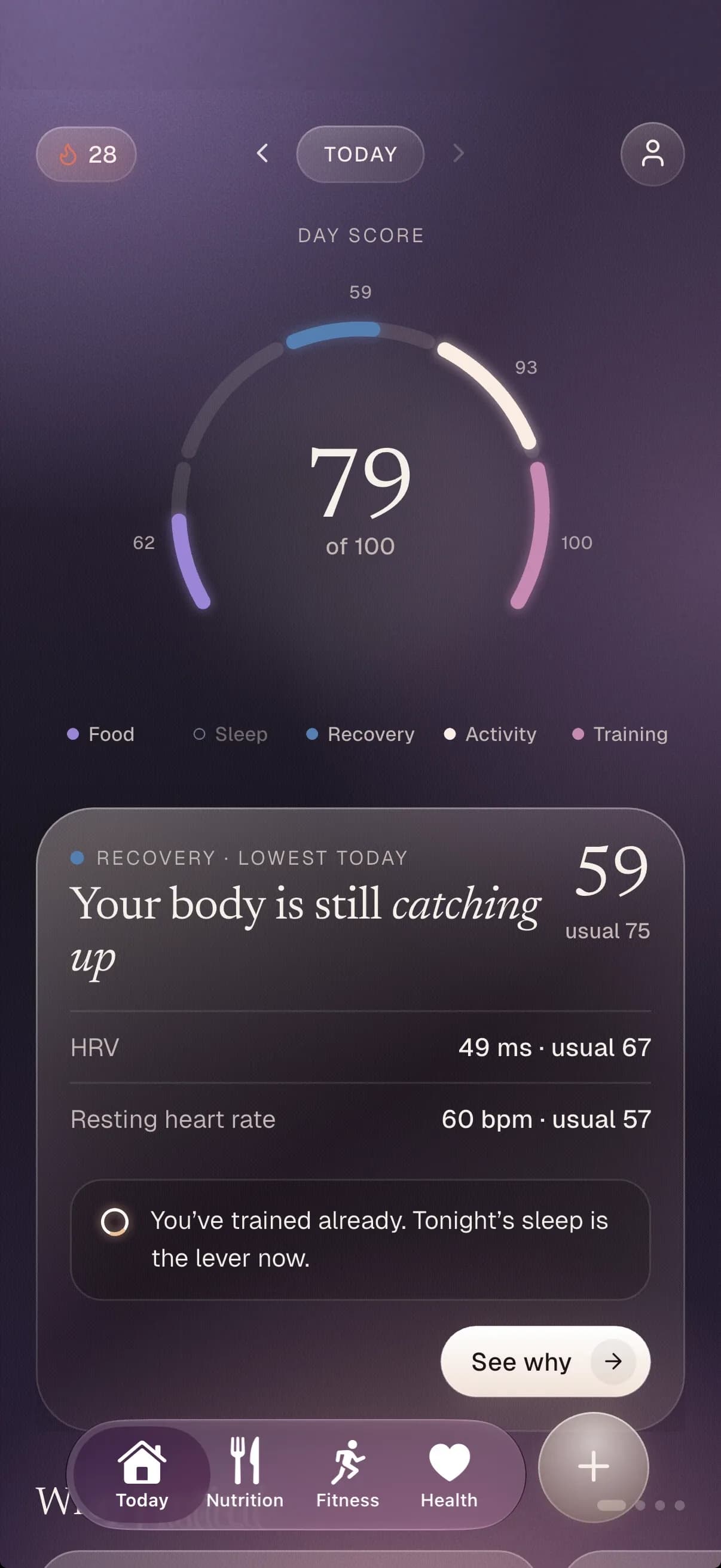 The FORM Today screen: a day score of 79 out of 100 built from food, sleep, recovery, activity and training, with a recovery card underneath.